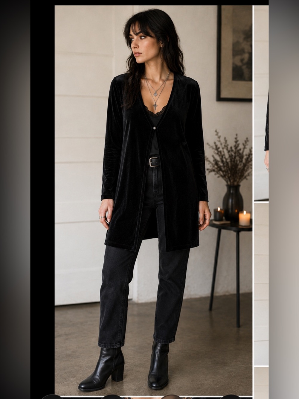Vintage Black Velvet Duster Cardigan Longline Goth Dark Academia Made in USA M